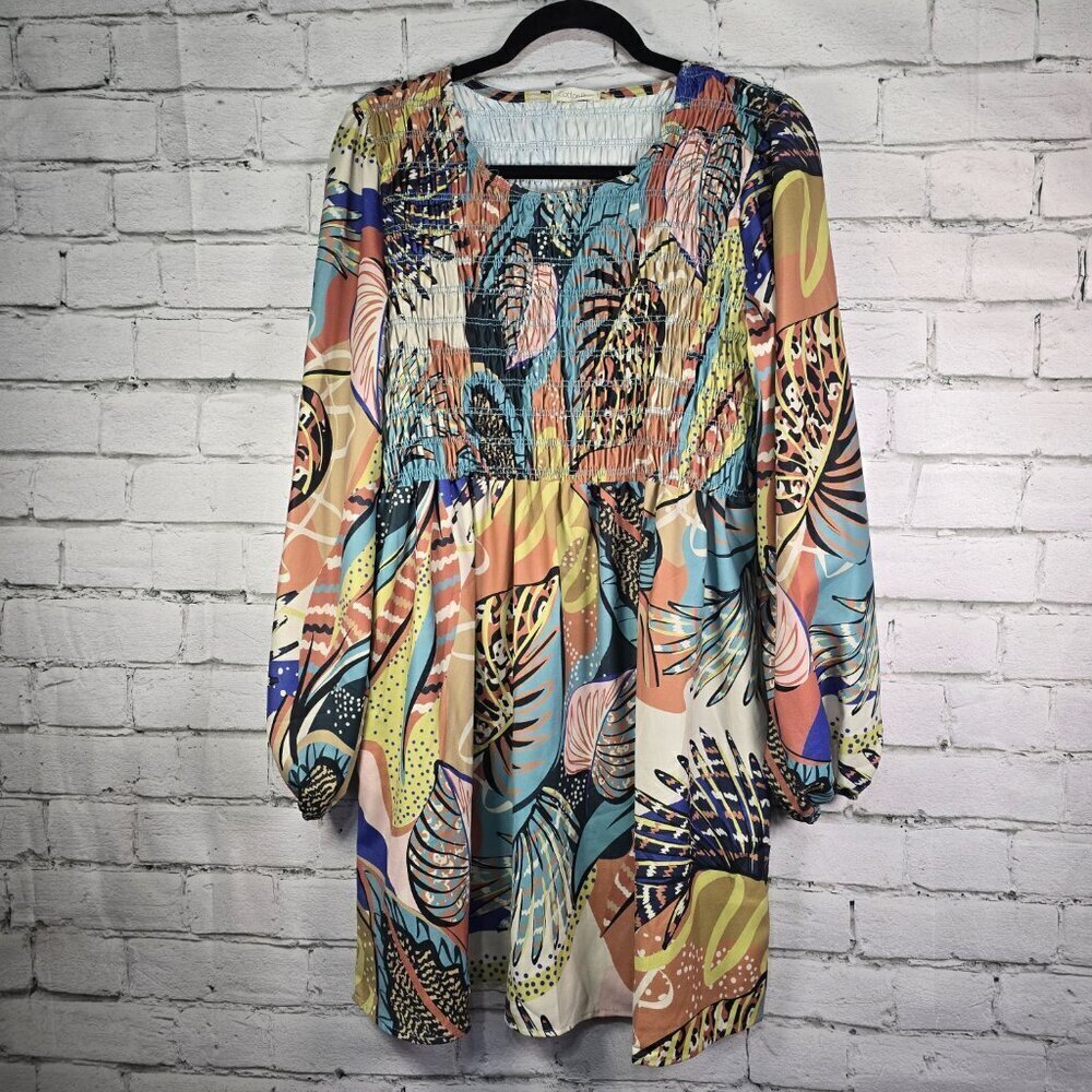 WOMENS COTTON BLEU BOHO MIDI DRESS PEASANT SLEEVES PRINT GATHERED BODICE SIZE SM